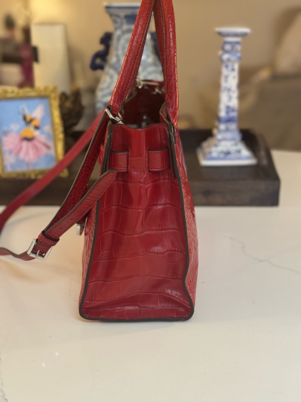 ❤️ MICHAEL KORS DILLON RED MEDIUM LEATHER CROCO EMBOSSED SATCHEL! - Picture 6 of 15